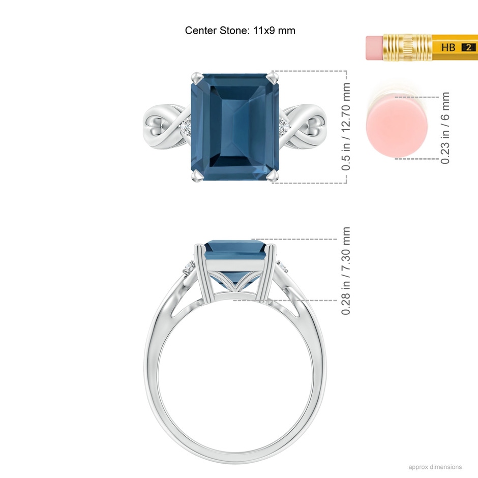 11x9mm A Emerald Cut London Blue Topaz Twist Shank Statement Ring in White Gold ruler