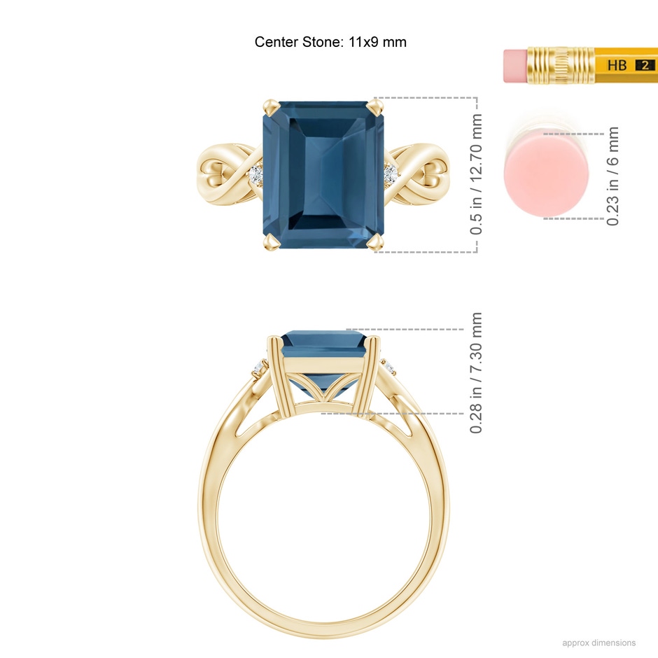 11x9mm A Emerald Cut London Blue Topaz Twist Shank Statement Ring in Yellow Gold ruler
