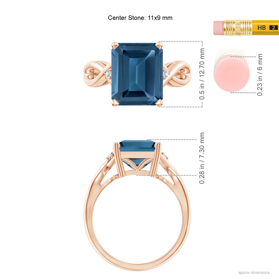 11x9mm AA Emerald Cut London Blue Topaz Twist Shank Statement Ring in Rose Gold ruler