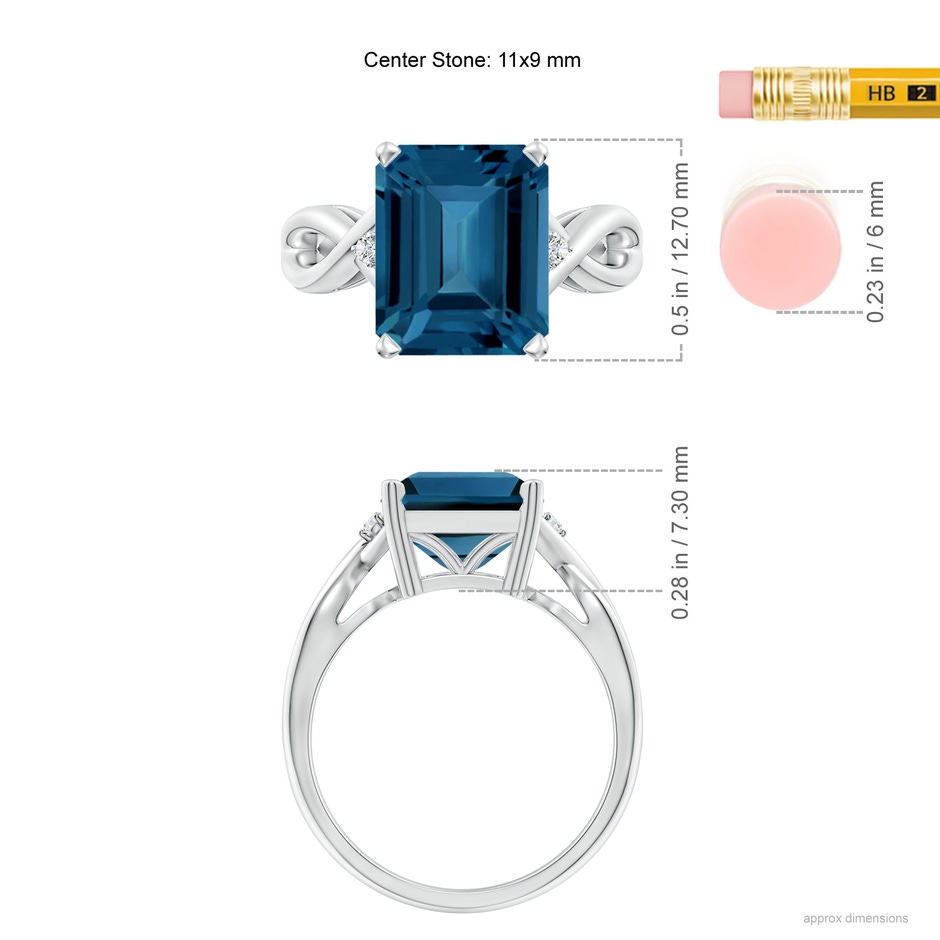 11x9mm AAA Emerald Cut London Blue Topaz Twist Shank Statement Ring in P950 Platinum ruler