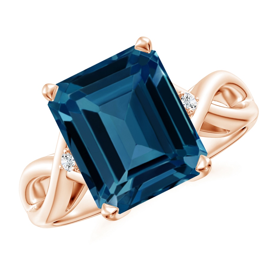 11x9mm AAAA Emerald Cut London Blue Topaz Twist Shank Statement Ring in Rose Gold 