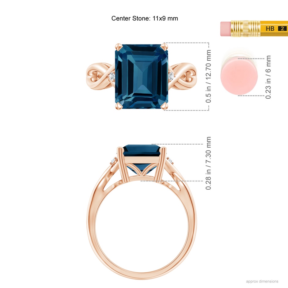 11x9mm AAAA Emerald Cut London Blue Topaz Twist Shank Statement Ring in Rose Gold ruler