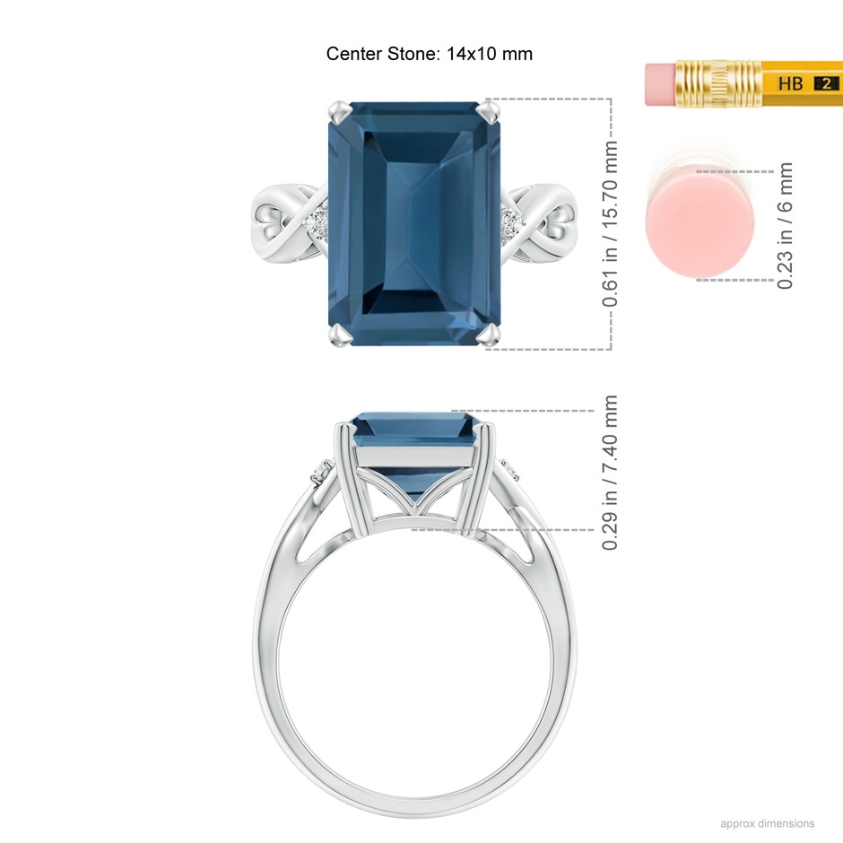 14x10mm A Emerald Cut London Blue Topaz Twist Shank Statement Ring in White Gold ruler