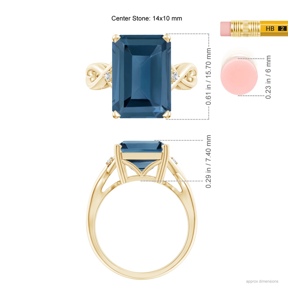 14x10mm A Emerald Cut London Blue Topaz Twist Shank Statement Ring in Yellow Gold ruler