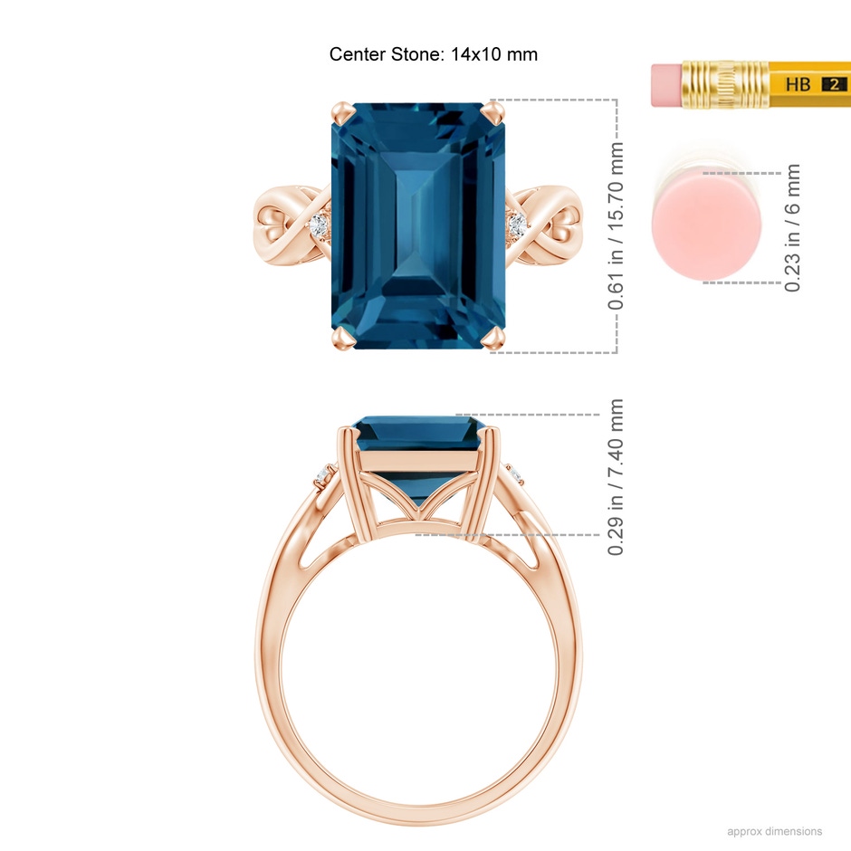 14x10mm AAA Emerald Cut London Blue Topaz Twist Shank Statement Ring in Rose Gold ruler