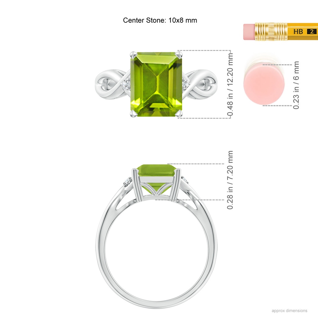 10x8mm AAA Twist Shank Emerald Cut Peridot Statement Ring in White Gold Ruler