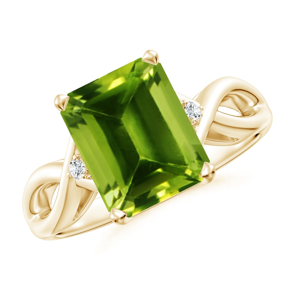 10x8mm AAAA Twist Shank Emerald Cut Peridot Statement Ring in Yellow Gold 