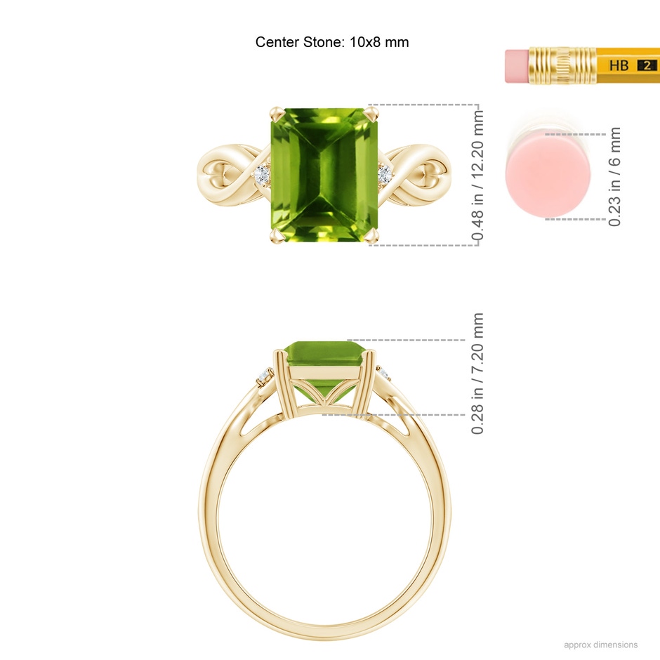 10x8mm AAAA Twist Shank Emerald Cut Peridot Statement Ring in Yellow Gold ruler