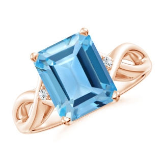 10x8mm AA Twist Shank Emerald Cut Swiss Blue Topaz Statement Ring in Rose Gold