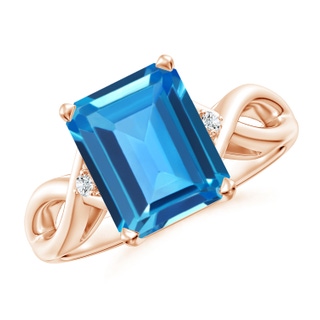 10x8mm AAAA Twist Shank Emerald Cut Swiss Blue Topaz Statement Ring in 9K Rose Gold