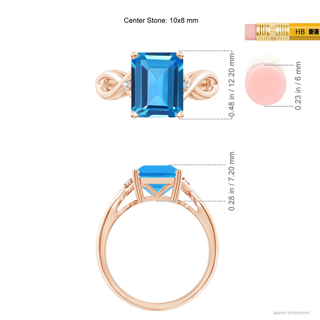 10x8mm AAAA Twist Shank Emerald Cut Swiss Blue Topaz Statement Ring in Rose Gold Ruler