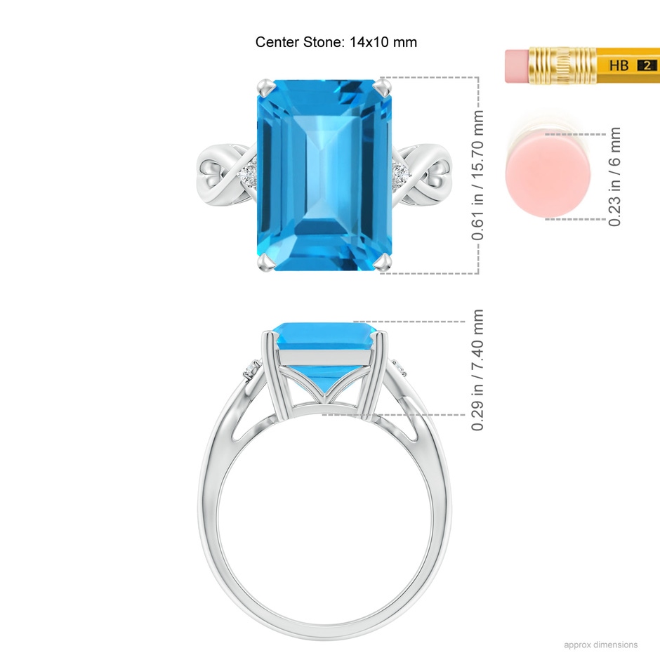 14x10mm AAA Twist Shank Emerald Cut Swiss Blue Topaz Statement Ring in White Gold Ruler