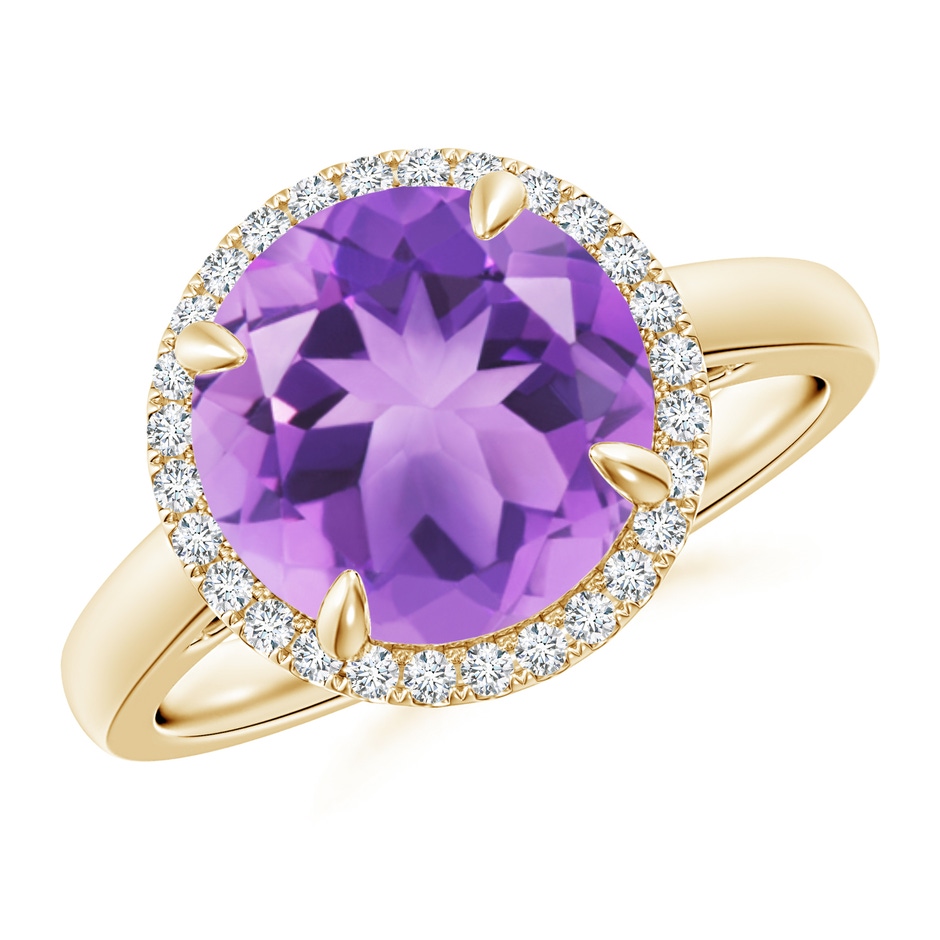 10mm A Round Amethyst Cathedral Ring with Diamond Halo in Yellow Gold 