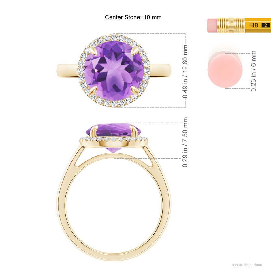 10mm A Round Amethyst Cathedral Ring with Diamond Halo in Yellow Gold ruler