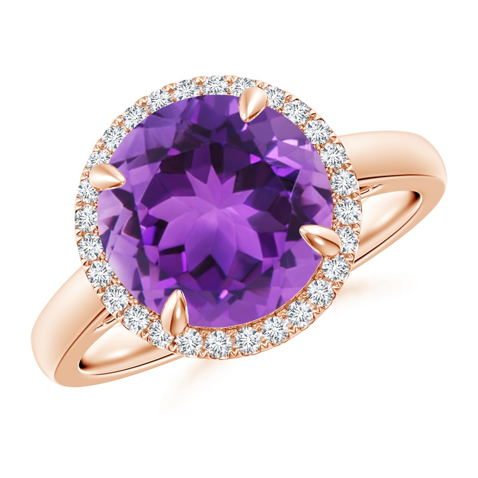 10mm AAA Round Amethyst Cathedral Ring with Diamond Halo in Rose Gold 