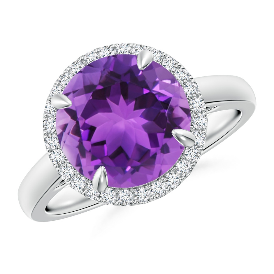 10mm AAA Round Amethyst Cathedral Ring with Diamond Halo in White Gold 