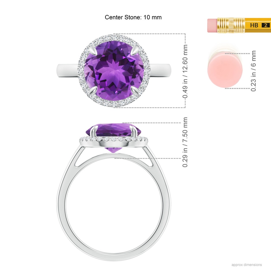 10mm AAA Round Amethyst Cathedral Ring with Diamond Halo in White Gold ruler