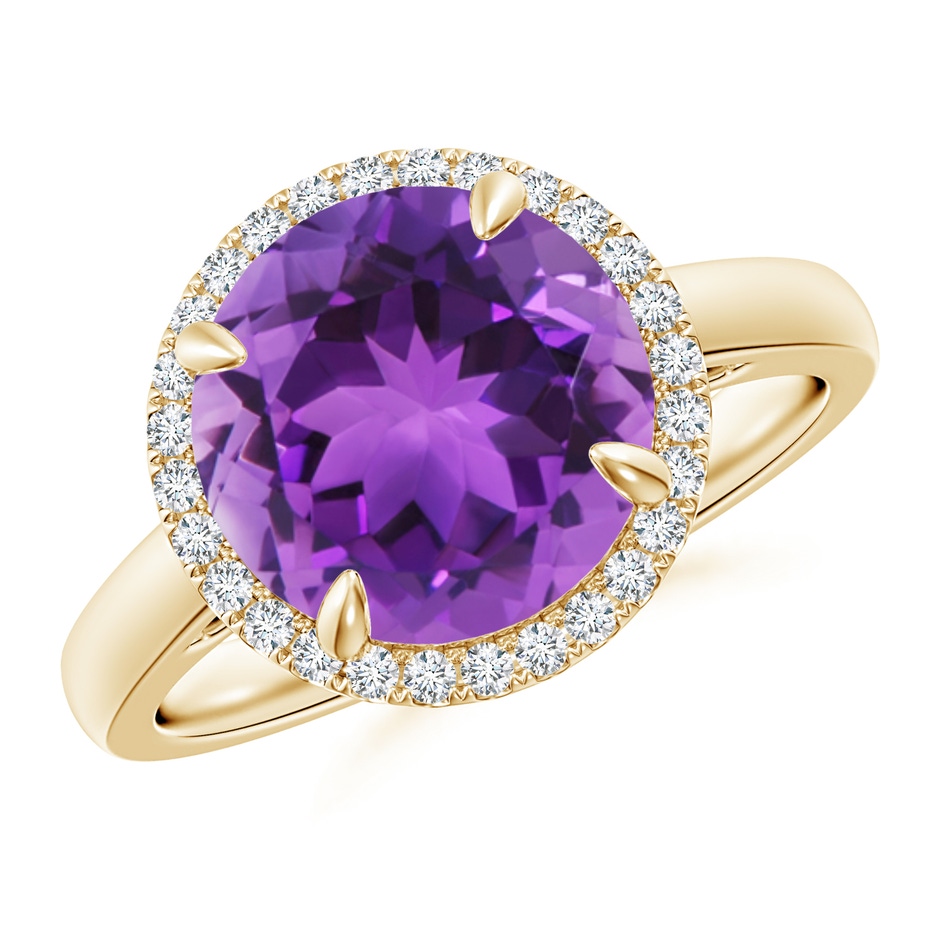10mm AAA Round Amethyst Cathedral Ring with Diamond Halo in Yellow Gold 