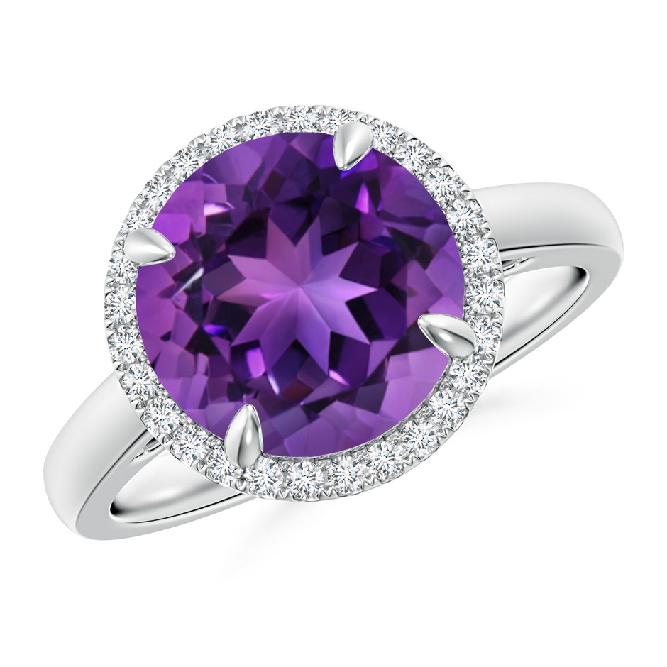 10mm AAAA Round Amethyst Cathedral Ring with Diamond Halo in P950 Platinum 