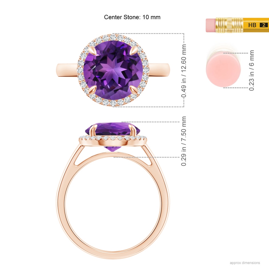 10mm AAAA Round Amethyst Cathedral Ring with Diamond Halo in Rose Gold ruler