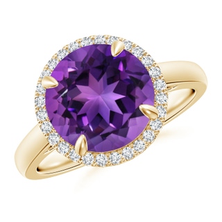 10mm AAAA Round Amethyst Cathedral Ring with Diamond Halo in Yellow Gold