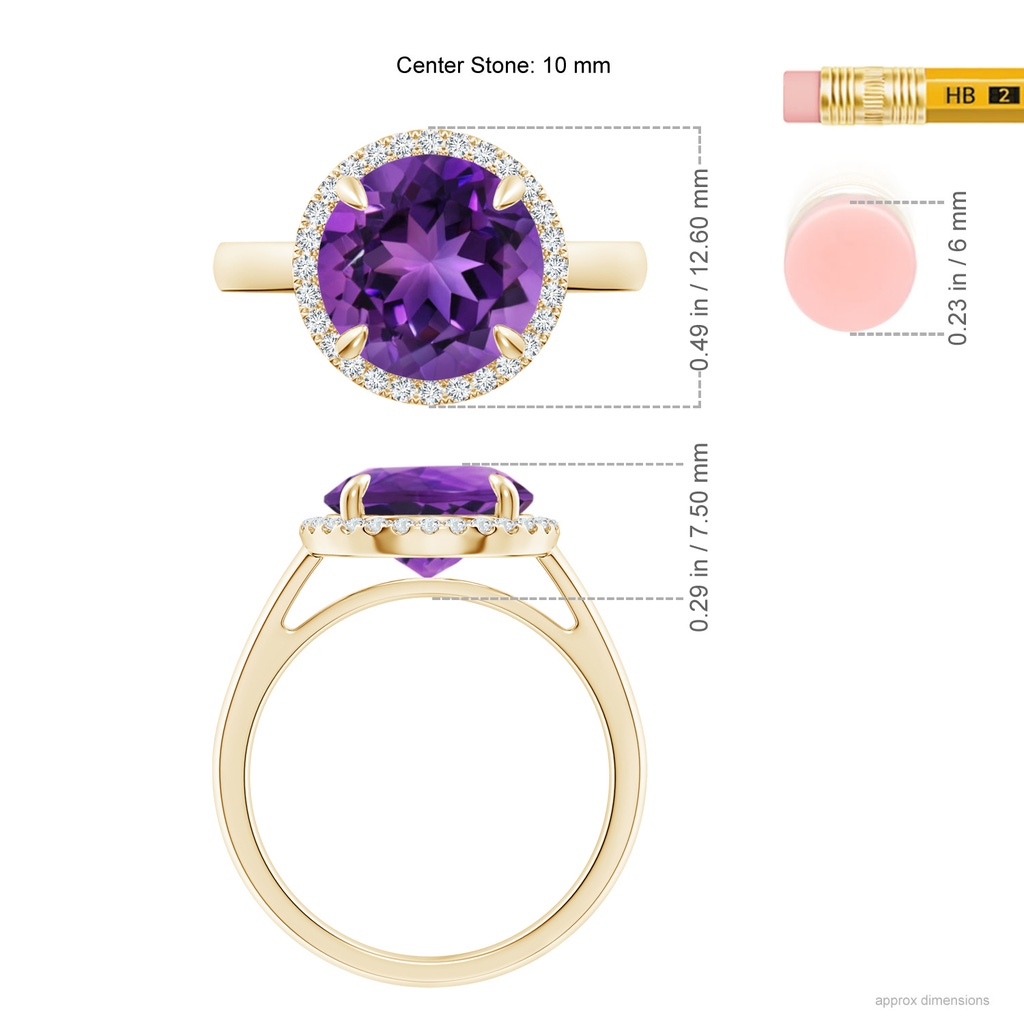 10mm AAAA Round Amethyst Cathedral Ring with Diamond Halo in Yellow Gold Ruler