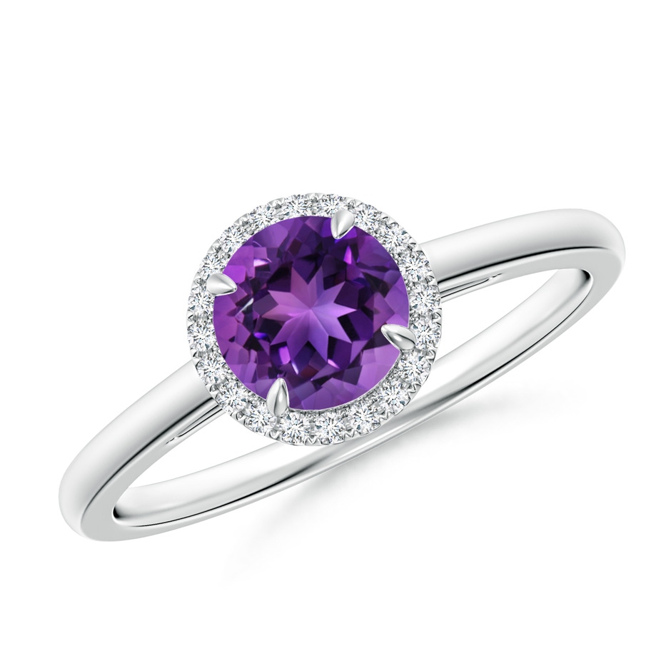 6mm AAAA Round Amethyst Cathedral Ring with Diamond Halo in White Gold 