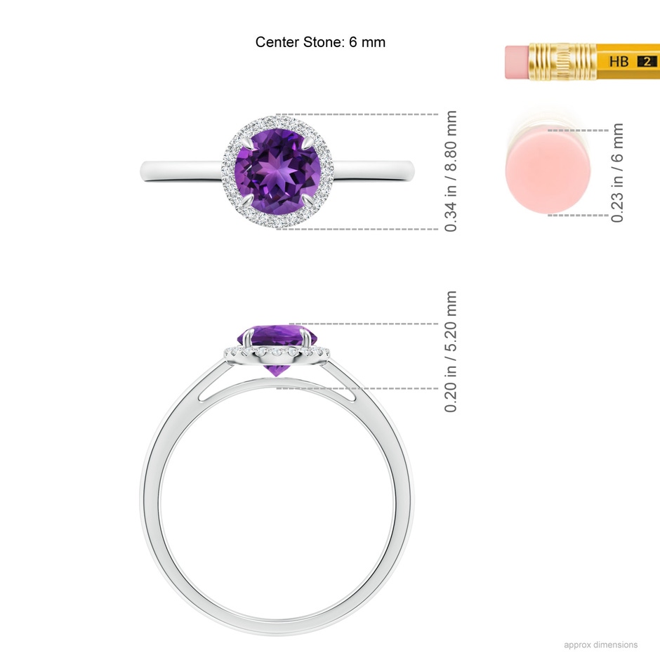 6mm AAAA Round Amethyst Cathedral Ring with Diamond Halo in White Gold ruler