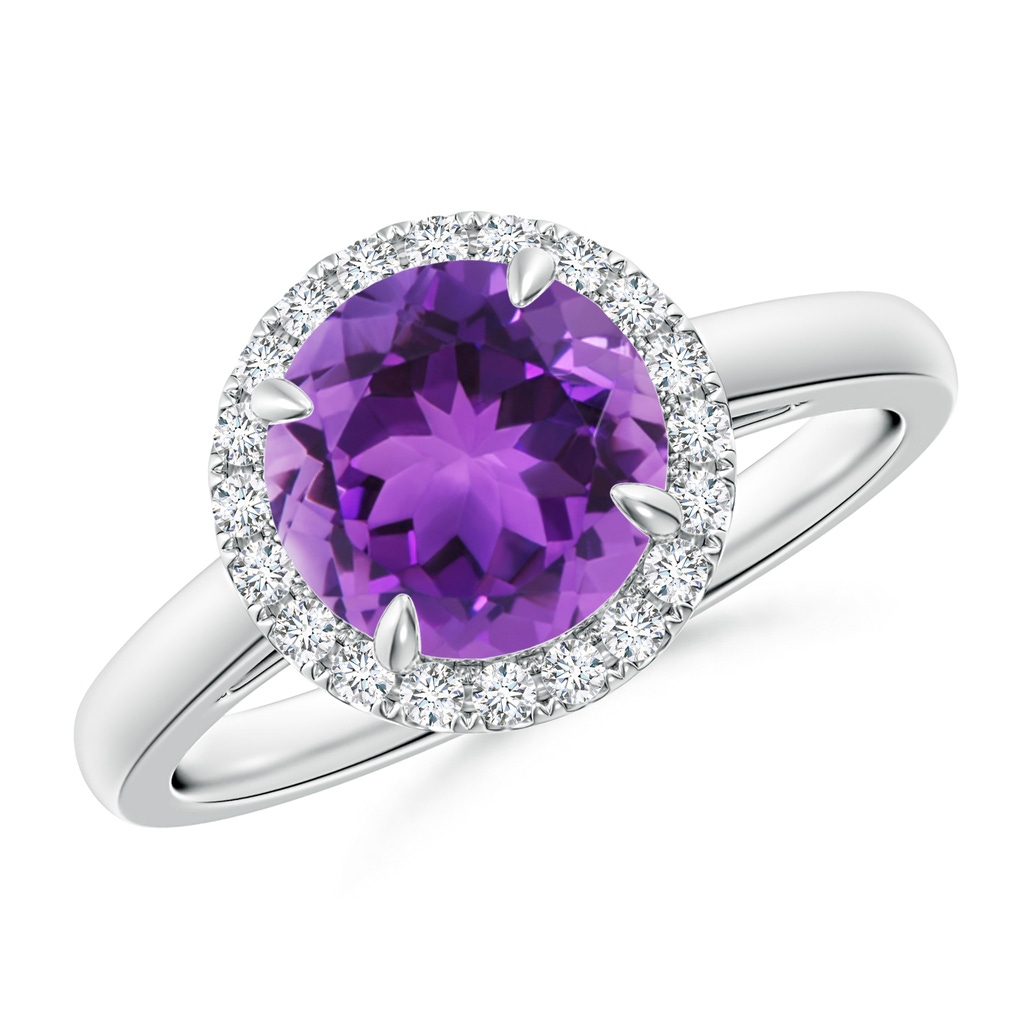 8mm AAA Round Amethyst Cathedral Ring with Diamond Halo in White Gold