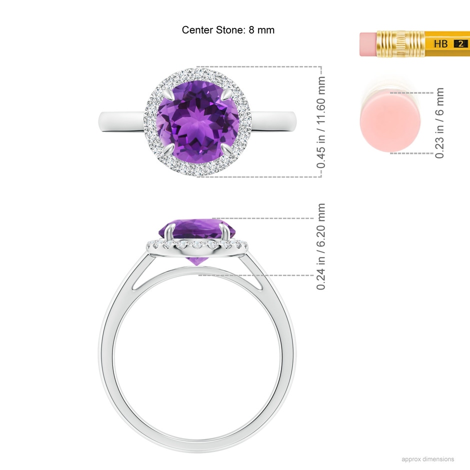 8mm AAA Round Amethyst Cathedral Ring with Diamond Halo in White Gold ruler