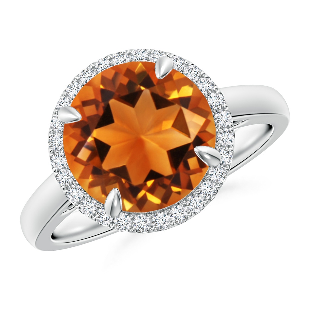 10mm AAAA Round Citrine Cathedral Ring with Diamond Halo in White Gold