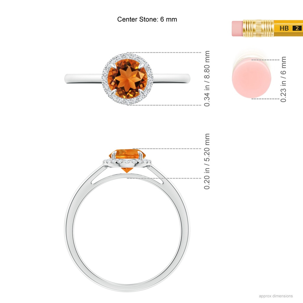6mm AAAA Round Citrine Cathedral Ring with Diamond Halo in P950 Platinum Ruler