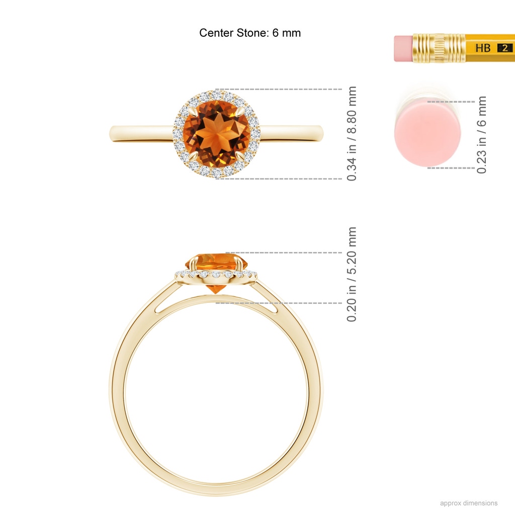 6mm AAAA Round Citrine Cathedral Ring with Diamond Halo in Yellow Gold Ruler