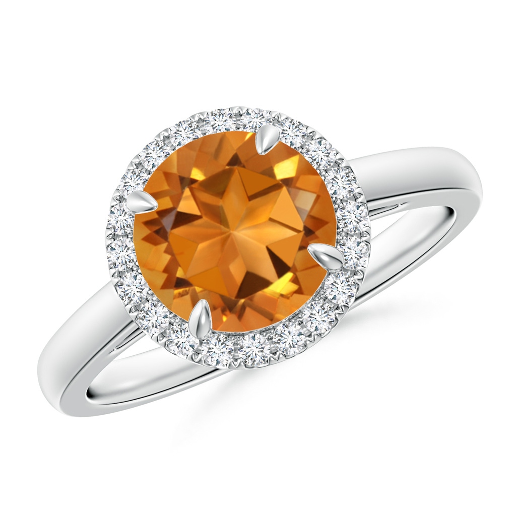 8mm AAA Round Citrine Cathedral Ring with Diamond Halo in White Gold