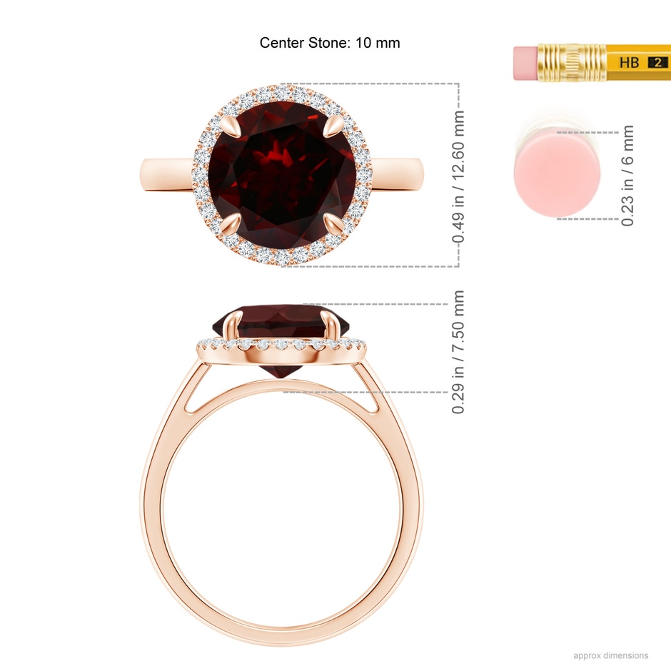 10mm A Round Garnet Cathedral Ring with Diamond Halo in Rose Gold ruler