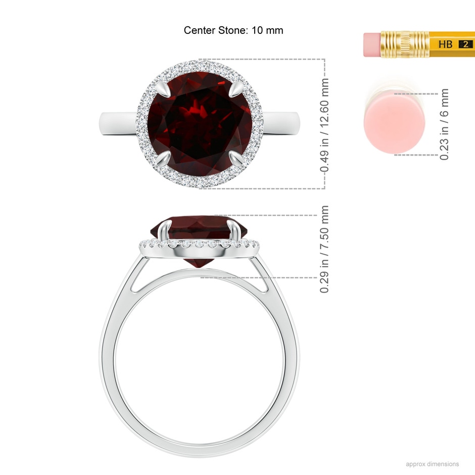10mm A Round Garnet Cathedral Ring with Diamond Halo in White Gold ruler