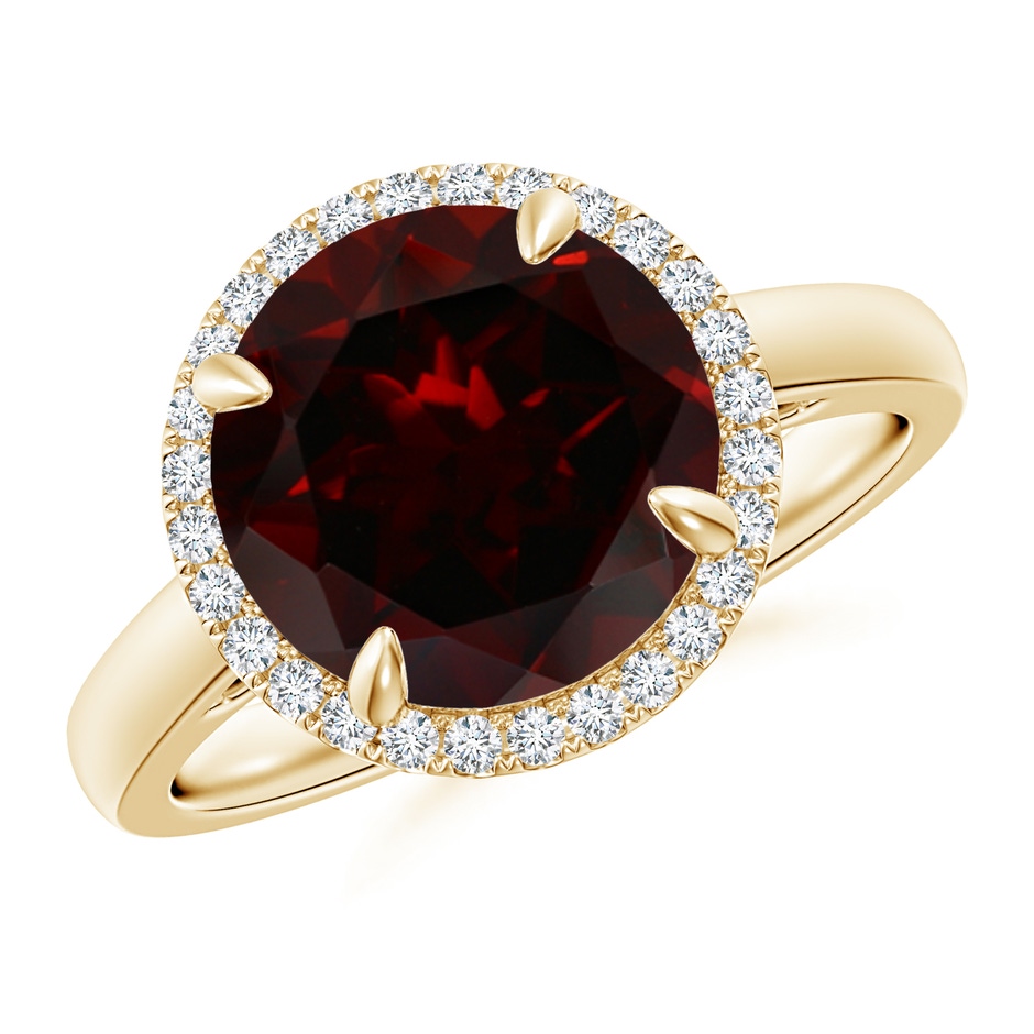 10mm A Round Garnet Cathedral Ring with Diamond Halo in Yellow Gold 