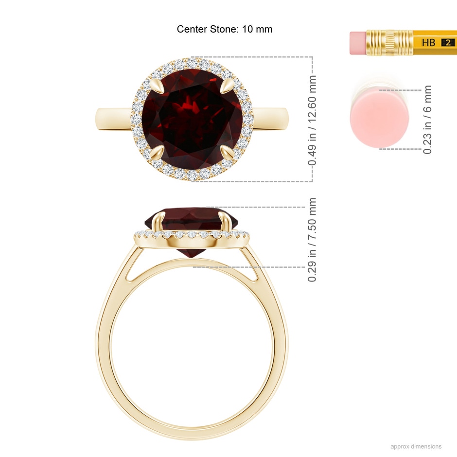 10mm A Round Garnet Cathedral Ring with Diamond Halo in Yellow Gold ruler