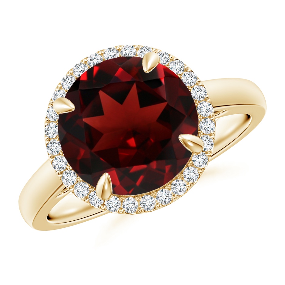 10mm AAA Round Garnet Cathedral Ring with Diamond Halo in Yellow Gold 