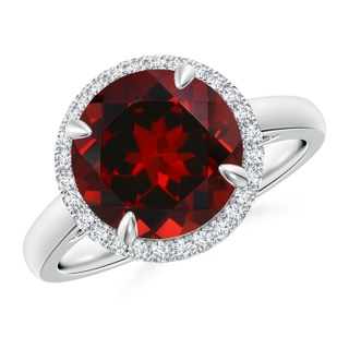 10mm AAAA Round Garnet Cathedral Ring with Diamond Halo in P950 Platinum