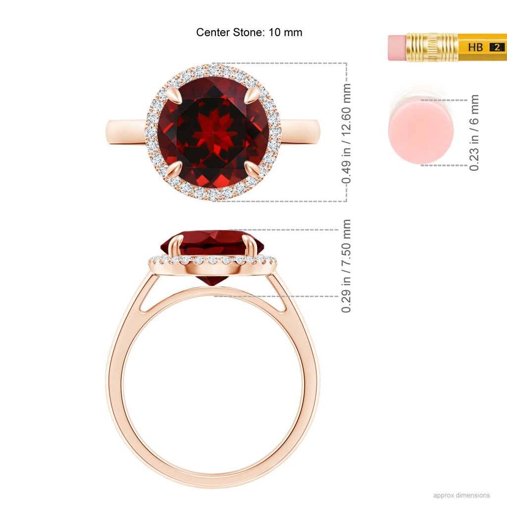 10mm AAAA Round Garnet Cathedral Ring with Diamond Halo in Rose Gold Ruler