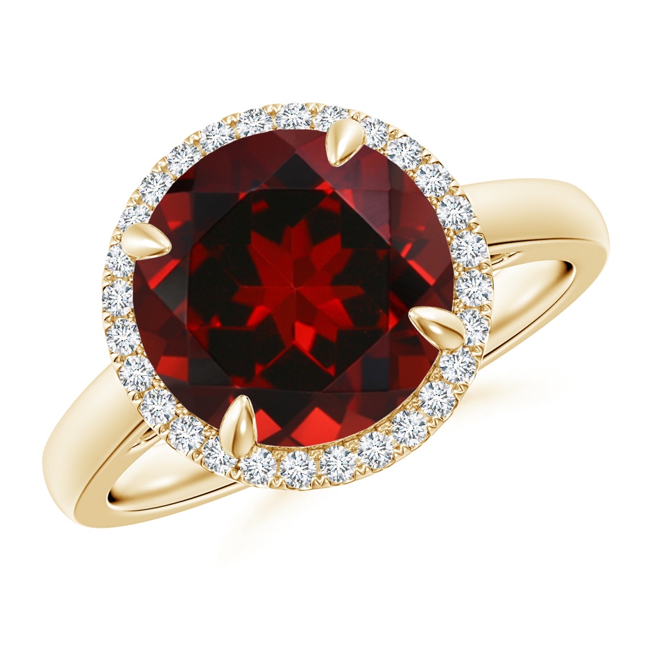 10mm AAAA Round Garnet Cathedral Ring with Diamond Halo in Yellow Gold 