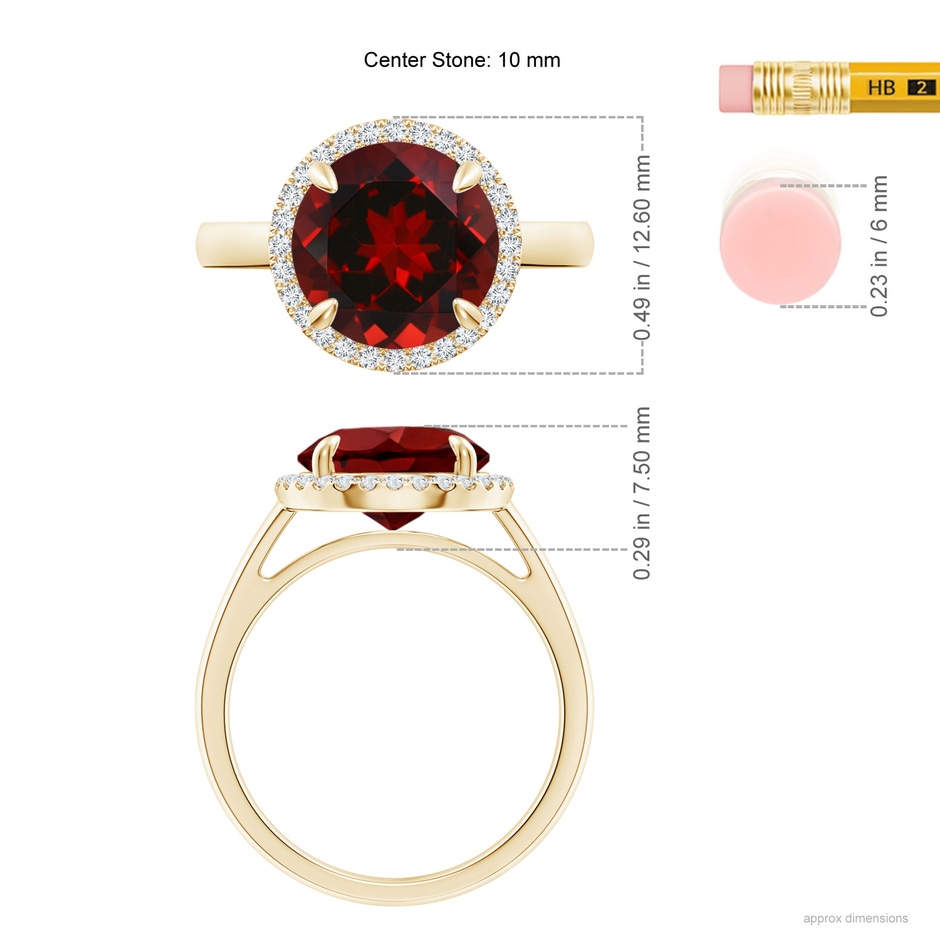 10mm AAAA Round Garnet Cathedral Ring with Diamond Halo in Yellow Gold ruler