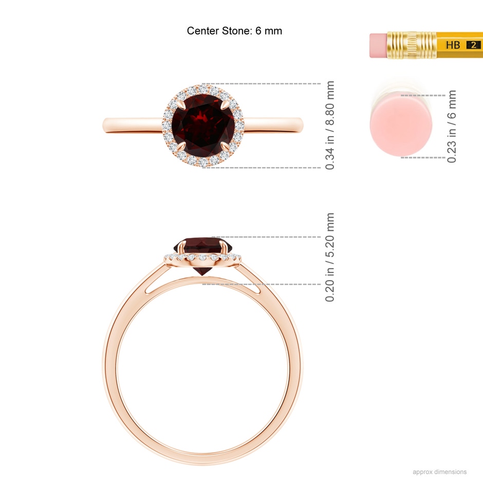 6mm A Round Garnet Cathedral Ring with Diamond Halo in Rose Gold ruler