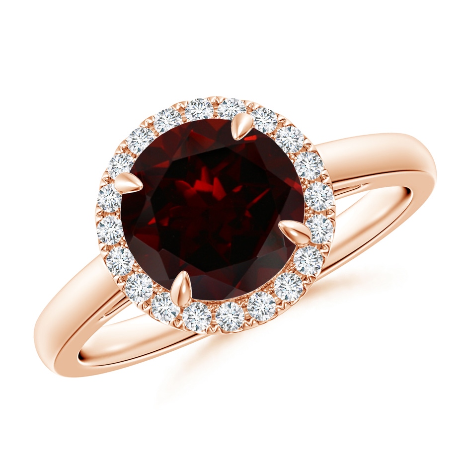 8mm A Round Garnet Cathedral Ring with Diamond Halo in Rose Gold 