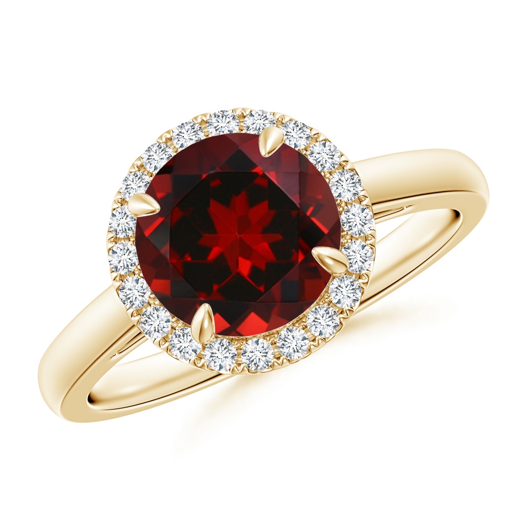 8mm AAAA Round Garnet Cathedral Ring with Diamond Halo in Yellow Gold