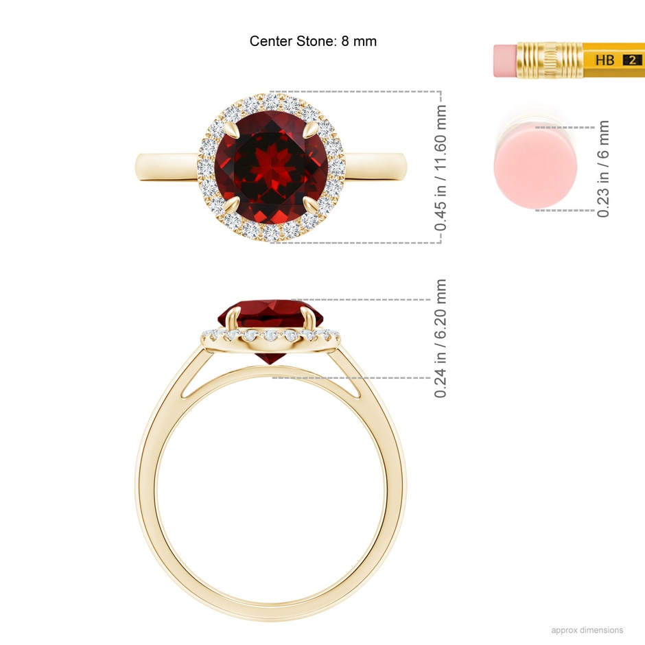 8mm AAAA Round Garnet Cathedral Ring with Diamond Halo in Yellow Gold ruler