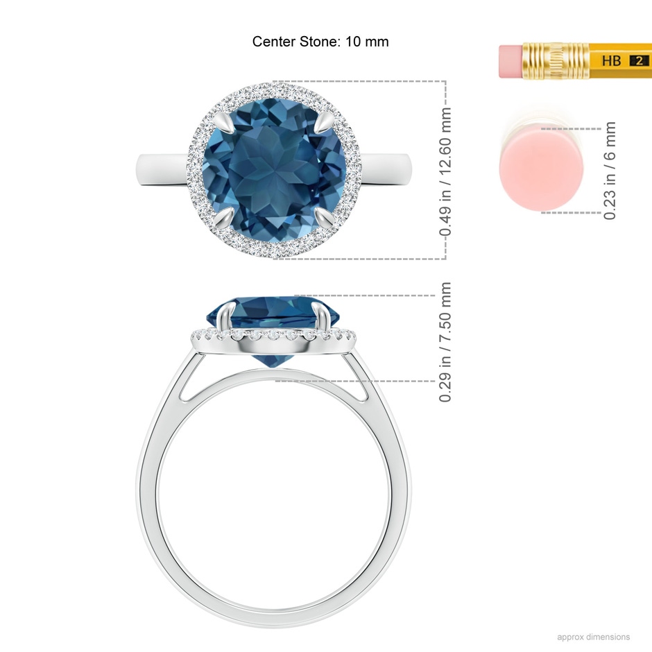 10mm AA Round London Blue Topaz Cathedral Ring with Diamond Halo in White Gold ruler