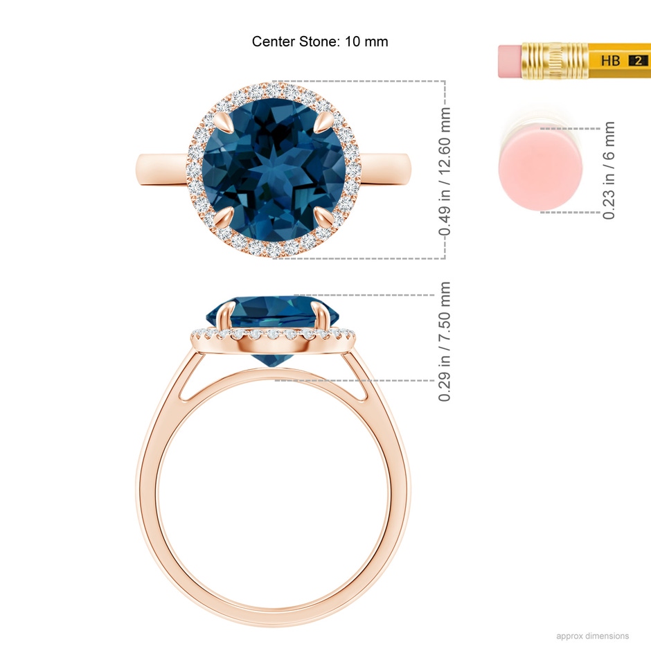 10mm AAA Round London Blue Topaz Cathedral Ring with Diamond Halo in Rose Gold ruler