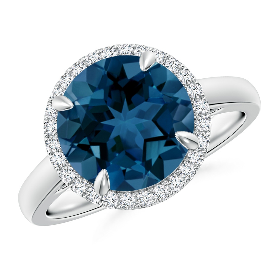 10mm AAA Round London Blue Topaz Cathedral Ring with Diamond Halo in White Gold 